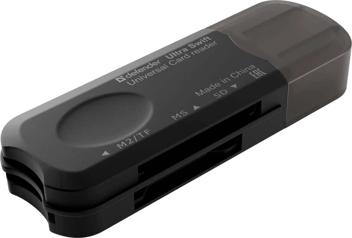 Кардридер внешний Defender Ultra Swift (83262); USB 2.0; в виде флэшки; SD/MMC; Micro SD+MS+M2; SDНС; пластик; серый