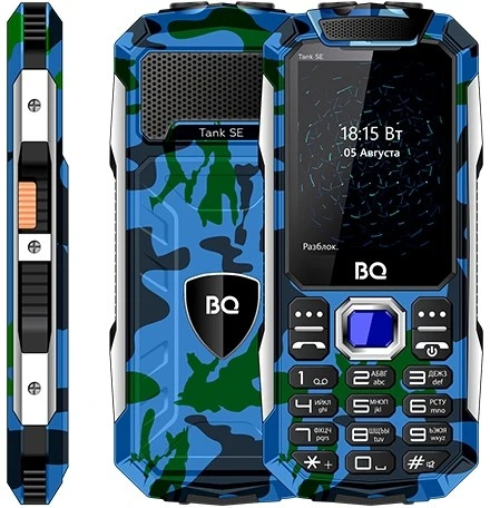 Мобильный телефон BQ Tank SE (BQ 2432***) синий камуфляж; 2.4"; TFT; 320x240; нет камеры; 32 Мб/32 Мб; 2 500 мА/ч