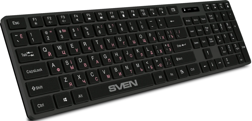 Клавиатура беспроводная Sven KB-E5300W (SV-021139); 2.4 ГГц; мембранная; 109 клавиш; 12 (+FN); 2 x AAA; ENG\RUS; черный