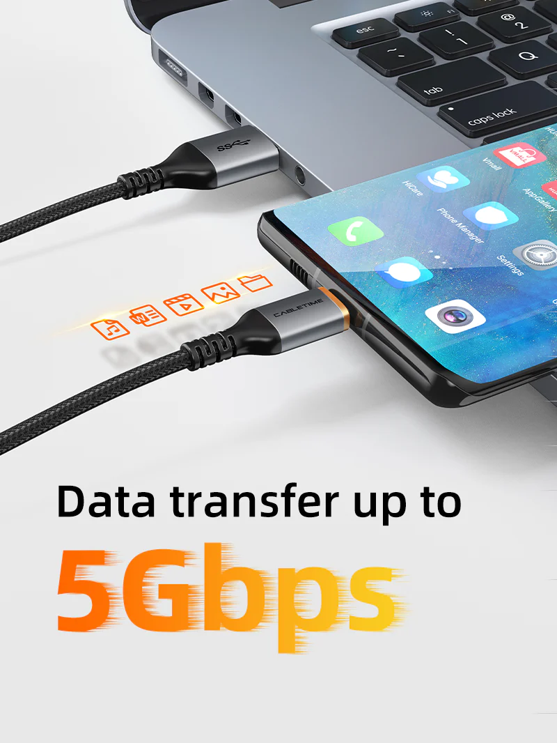 Кабель USB->Type-C CABLETIME CA40H (CT-AMCMG1-AG1), 3А, 45 Вт, 5 Гбит/с; нейлоновая оплётка, корпус разъёмов алюминиевый сплав, 1 м, черный