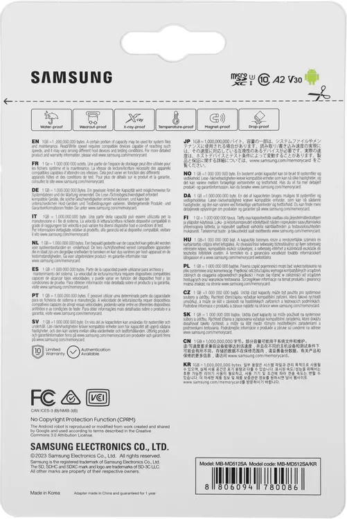 Карта памяти 512 ГБ Samsung PRO Plus (MB-MD512KA); micro SDHC UHS-I U3 A2 V30; Class 10; адаптер SD