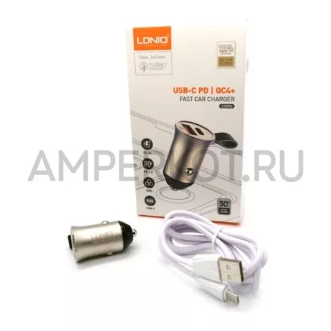 Автомобильная зарядка LDNIO C509QT; 2 USB порта (Type-A+Type-C) 3A; 18 Вт; кабель USB Type-C; золотой