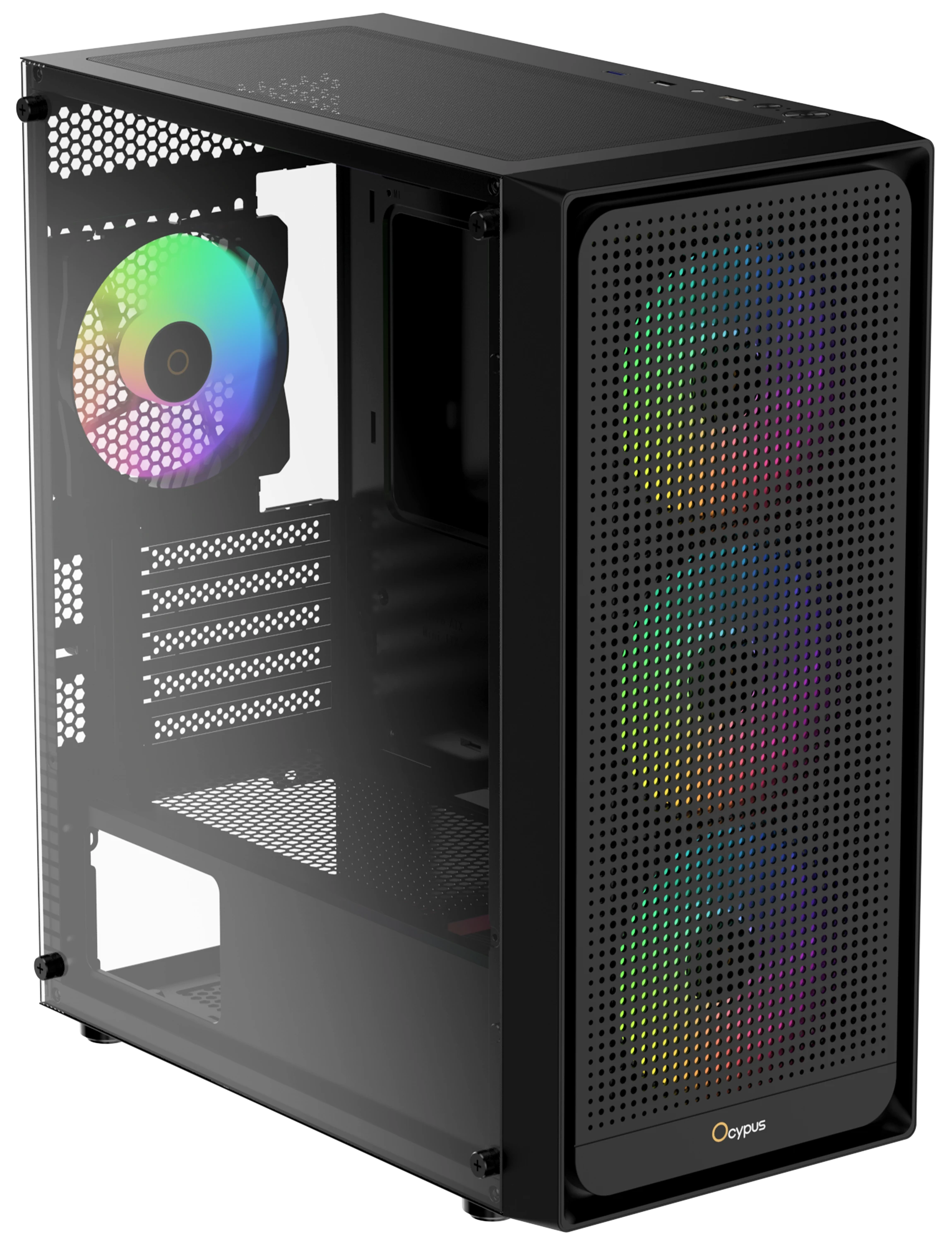 Корпус Ocypus Gamma C50 ARGB Black (Gamma-C50-BKG400XX-GL); mATX; Mini-Tower; без БП; 4x120 мм; 2xUSB 2.0/1xUSB 3.X; 1xMic/Aud; черный