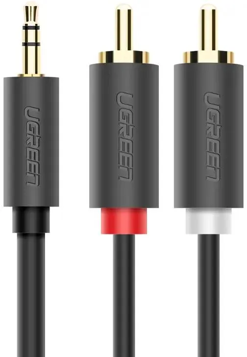 Кабель межблочный Ugreen AV102, (10512), Jack 3.5 - 2xRCA, ферритовый фильтр, 3,0 м, серый