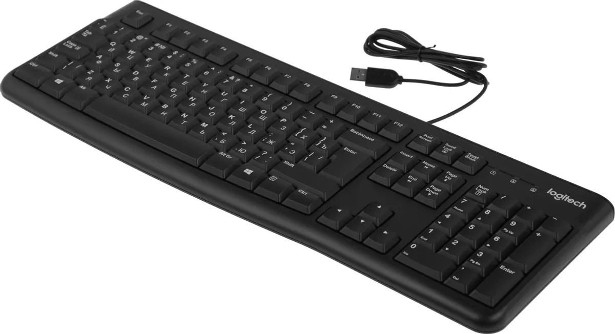 Клавиатура проводная Logitech K120 (920-002522); USB; мембранная; влагозащищенная; ENG\RUS; чёрный