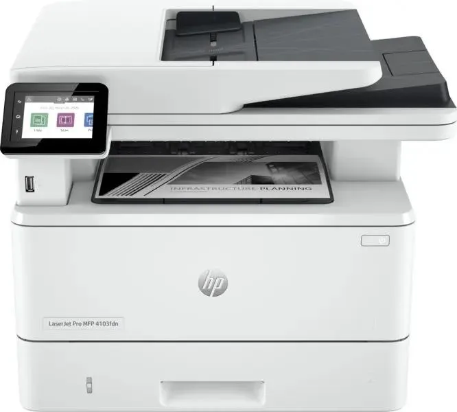 МФУ лазерное HP LaserJet Pro 4103dw (2Z627A); A4; 1200x1200 dpi; 40 ч/б ст/мин; дуплекс; АПД; ЖК-экран; USB; Bluetooth; Ethernet; Wi-Fi; белый + серый