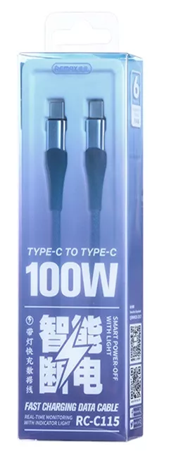Кабель Type-C/Type-C Remax RC-C115 Blue; 100Вт; 5A; индикатор; 1,2 м; синий
