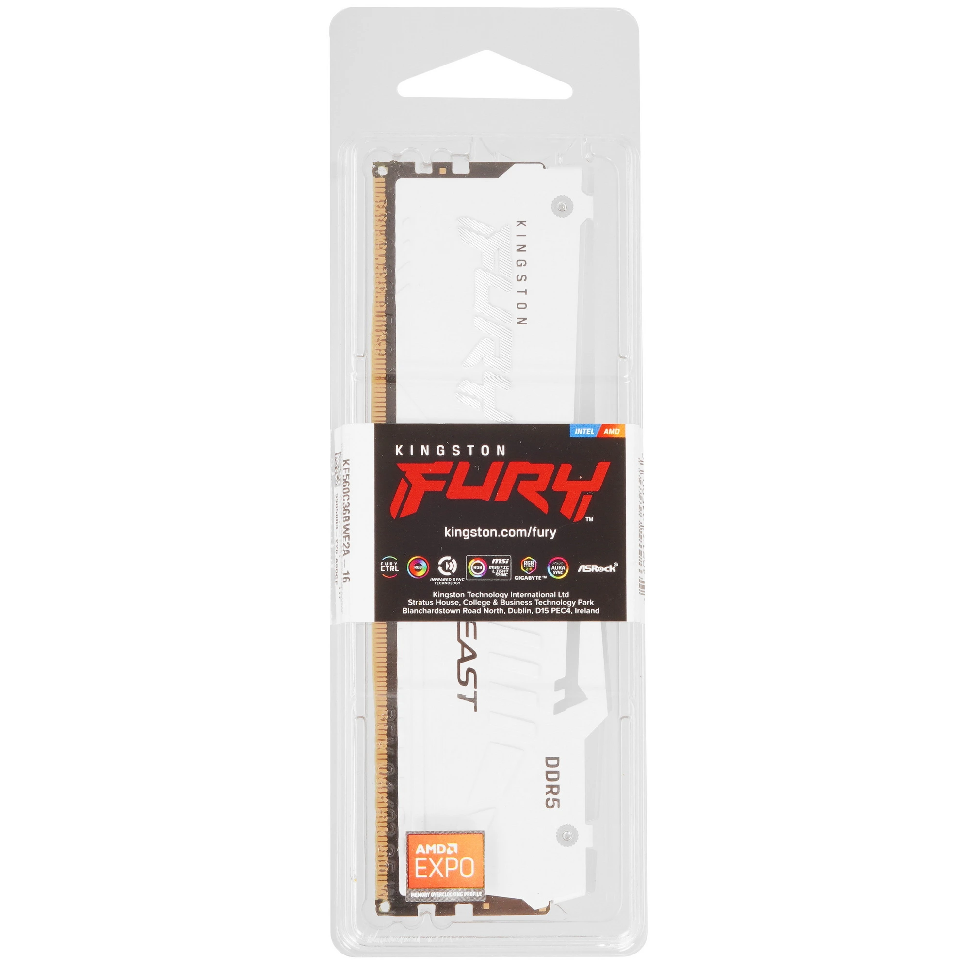 Модуль памяти DDR5 16 ГБ Kingston FURY Beast RGB White (KF560C36BWE2A-16); 6000 МГц; CL36; 1,35В; радиаторы; RET