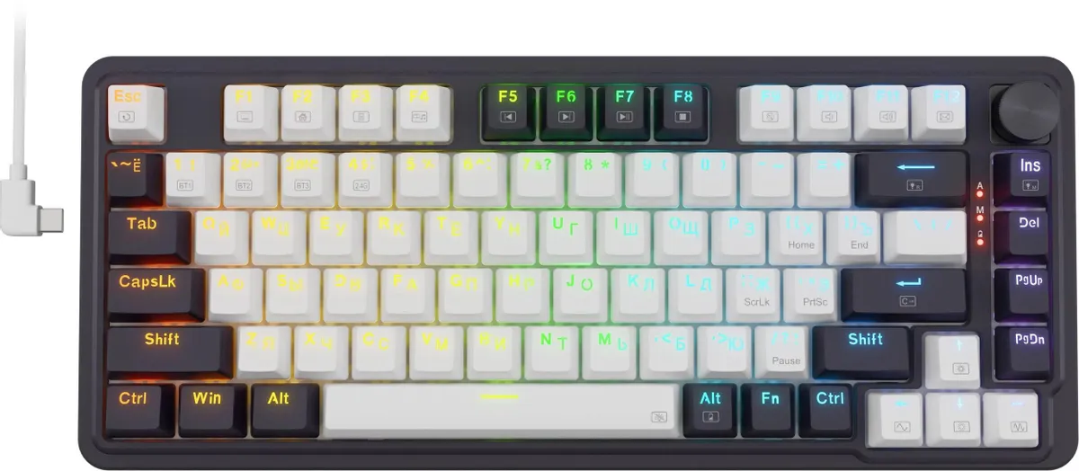 Клавиатура игровая Redragon Ucal Pro Black+White (72008); USB + (BT/2.4 Ггц); механическая; 81 клавиш; 12 (+FN); RGB подсветка; встроенный аккумулятор