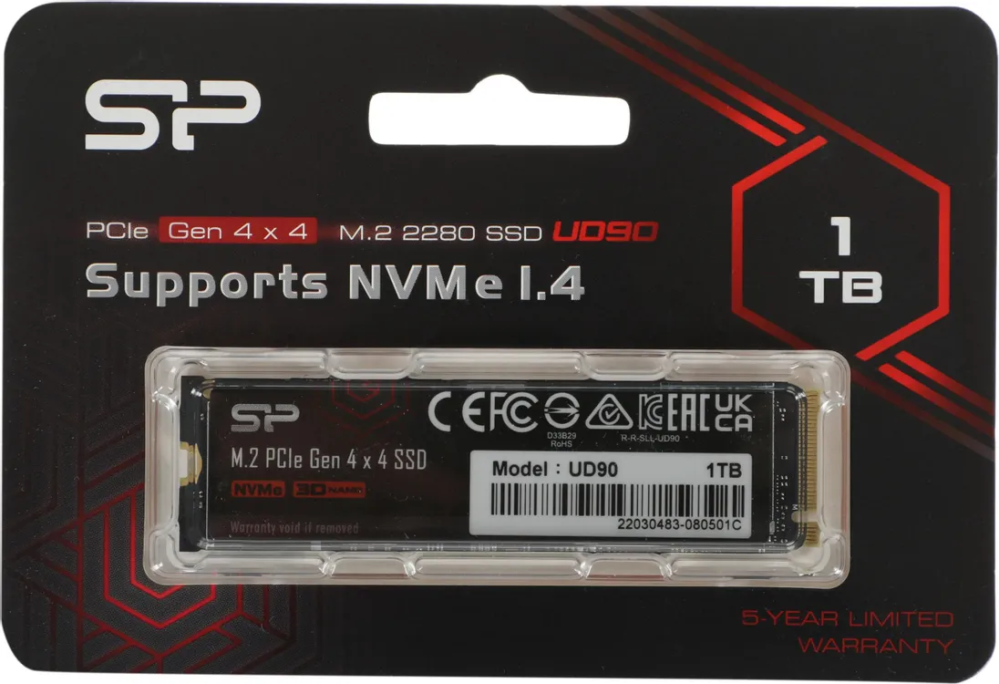 Накопитель SSD 1 ТБ SILICON POWER UD90 (SP01KGBP44UD9005); M.2 (2280); 5000Мб/с -  4800Mб/с; 3D NAND (TLC); PCI-E Gen4 x4; RET