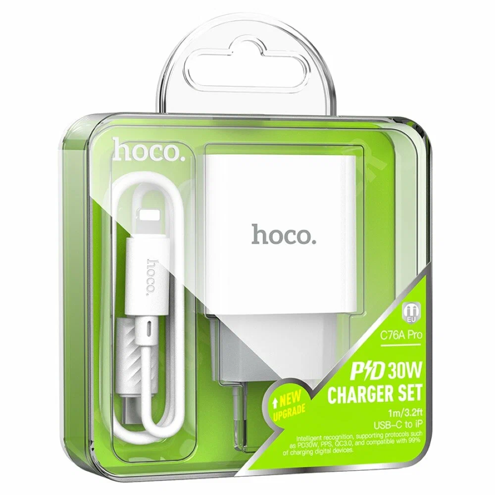 Зарядное устройство Hoco C76A Pro Lighting White (C76A Pro Lighting White), 30 Вт, 5А, 1xType-C, 78 г, Кабель в комплекте Lightning, белый