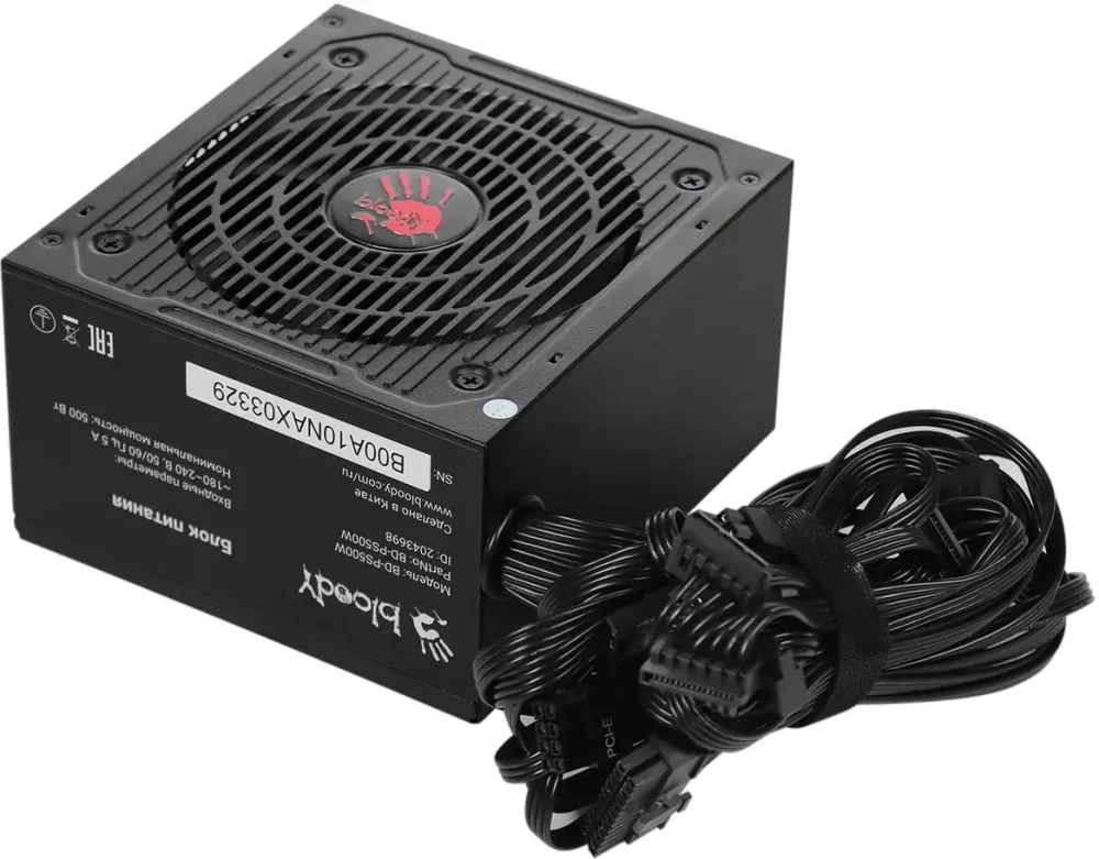 Блок питания 500 Вт Bloody BD-PS500W Black; ATX; 1x24 pin; 1x8(4+4) pin; 2x6+2 pin PCI-E; 6xSata; 2xMolex; 80+ White; 120 мм