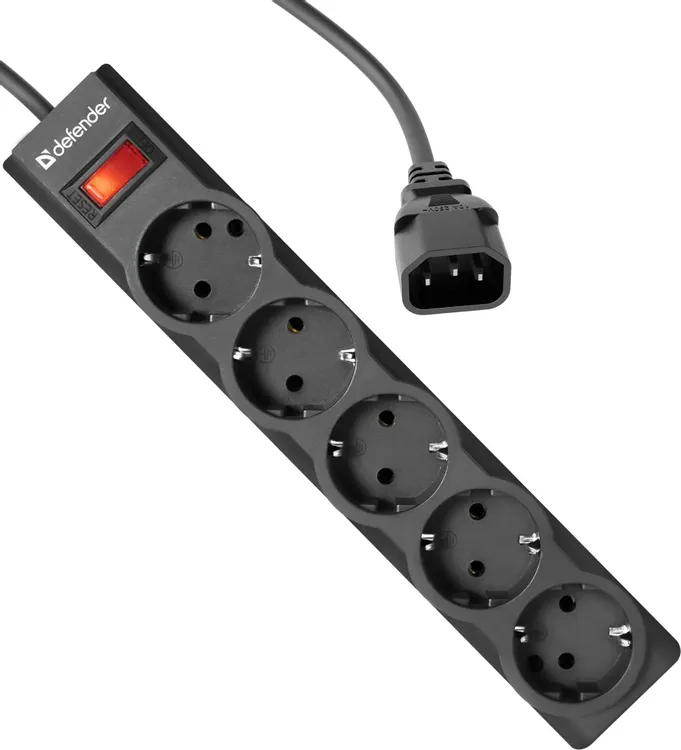Сетевой фильтр Defender ES largo 1.8 Black (99506); 1,8 м; 5 евро-розеток; для ИБП; 220В; 10 А; 2200 Вт; 125 Дж; чёрный