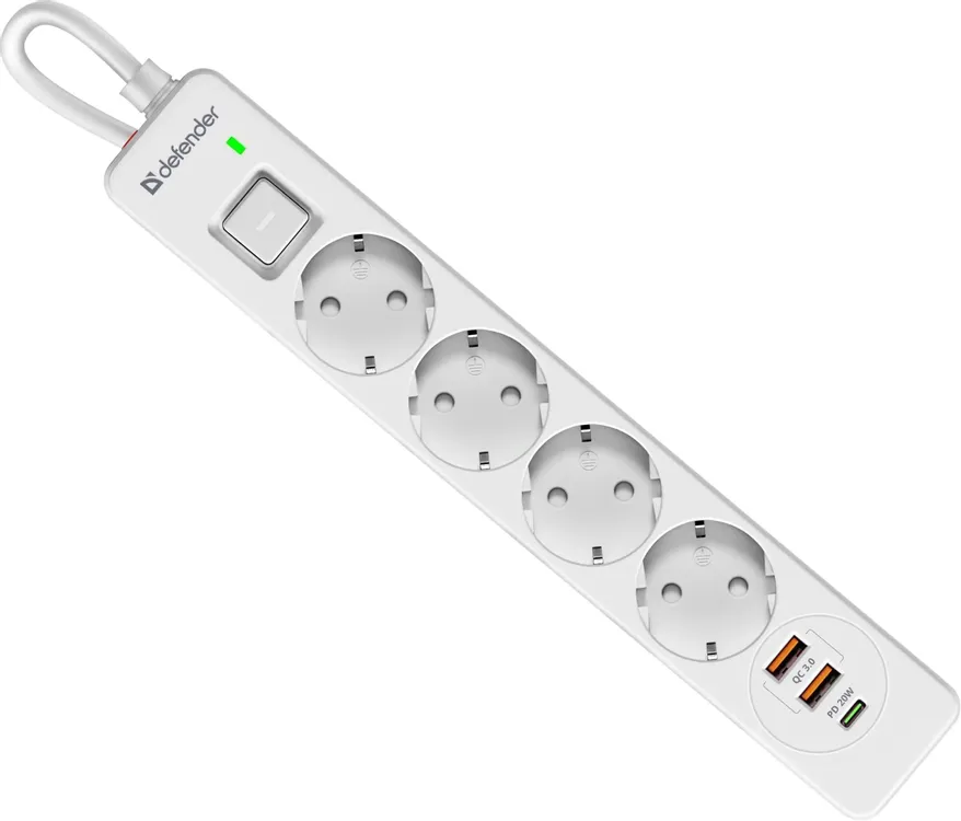 Сетевой фильтр Defender DFS 141 (99433); 1.5 м; 4 евро-розеток + 3 USB(2xType-A 20 Вт+1xType-C 18 Вт); QC3.0/PD; 16 А; 3680 Вт; 380 Дж; белый