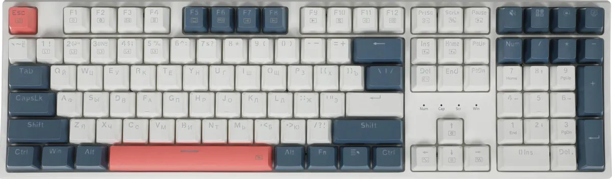 Клавиатура игровая Redragon WHISPER (71964***); USB; механическая; 108 клавиш; 12 (+FN); подсветка RGB; ENG\RUS; белый + синий