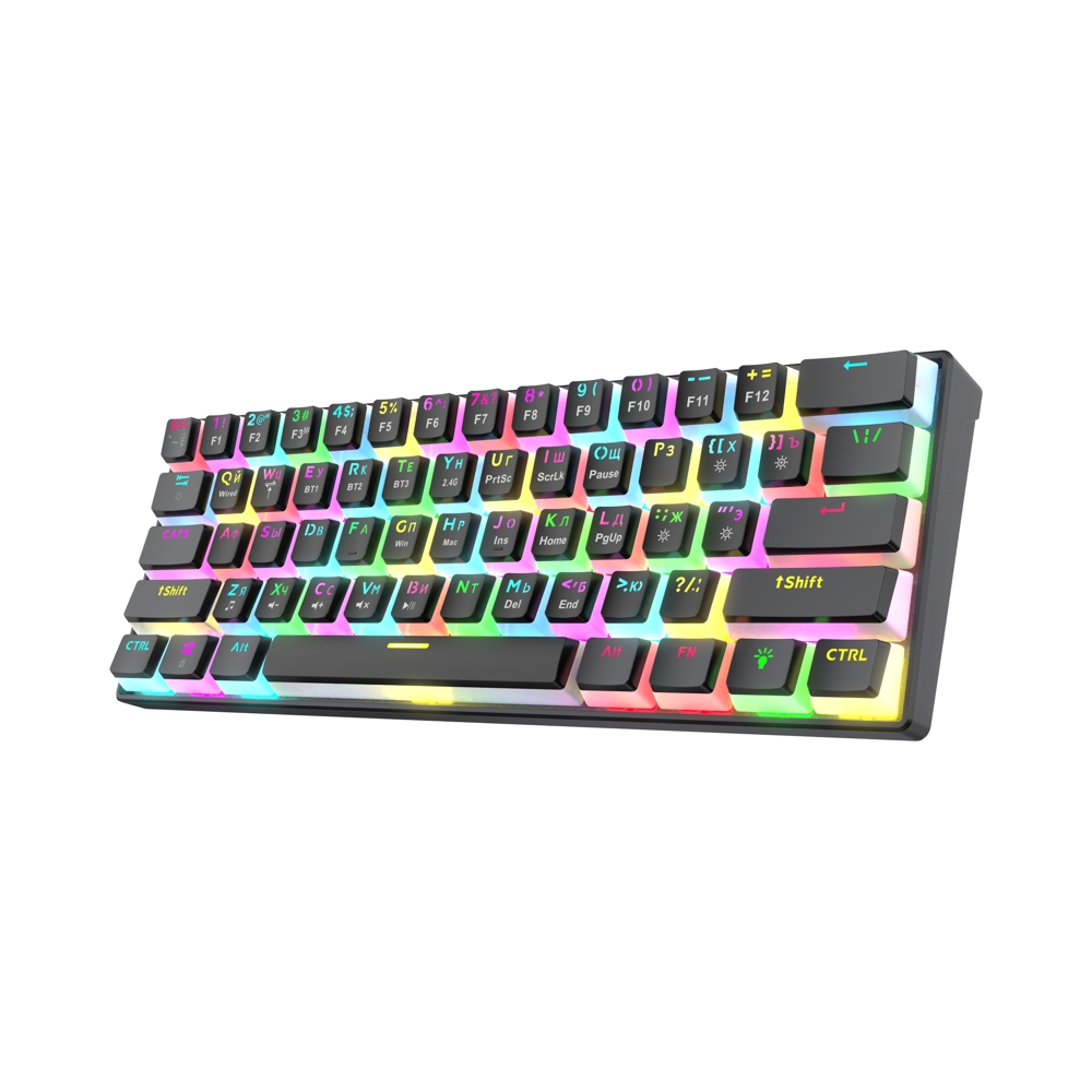 Клавиатура игровая Jet.A PANTEON T2 PRO BS Black (91); USB + (Bluetooth/2.4 Ггц); механическая; 61 клавиш; 12 (+FN); RGB; встроенный аккумулятор; черн