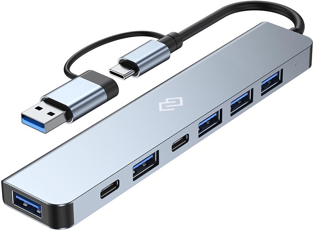 Концентратор USB внешний (***); USB Type A+Type C; 1xUSB 3.0, 4xUSB 2.0; 2xType C; 7-портов; металлический корпус; серый