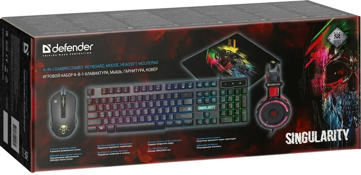 Набор игровой Defender SINGULARITY MKP-118 (52118  мышь+клав.+гарнитура+коврик); USB; оптический; 800 - 2400 dpi; 6 кнопок; колесо-кнопка; мембранная;