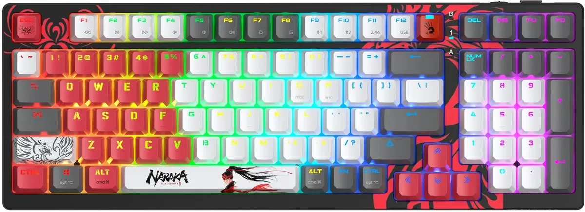 Клавиатура игровая A4Tech Bloody WS98 Naraka; USB + (Bluetooth/2.4 Ггц); механическая; 98 клавиш; 12 (+FN) подсветка RGB; ENG\RUS