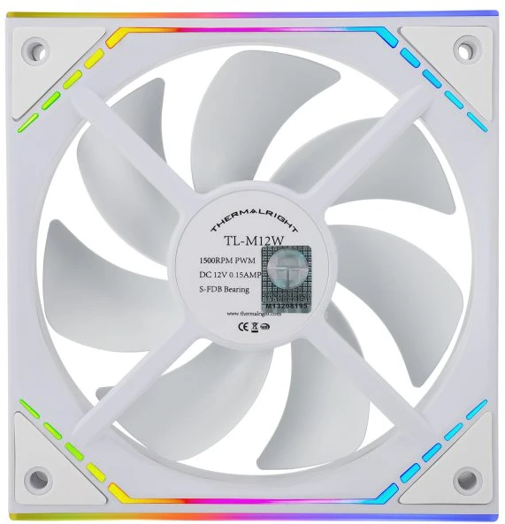 Вентилятор 120 мм Thermalright TL-M12W White; 4-pin(PWM)+3-pin(ARGB); 1500 об/мин; 47.6 CFM; 23,2 дБ; ARGB; черный