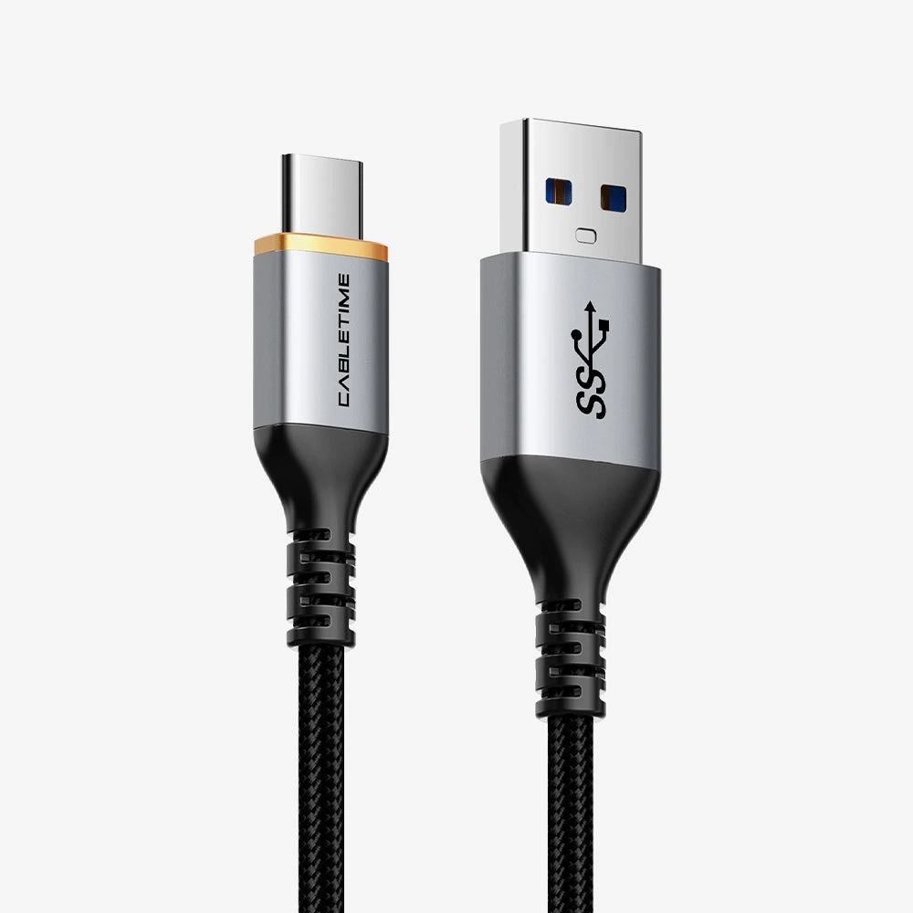 Кабель USB->Type-C CABLETIME CA40L (CT-AMCMG1-AG2), 3А, 45 Вт, 5 Гбит/с; нейлоновая оплётка, корпус разъёмов алюминиевый сплав, 2 м, черный