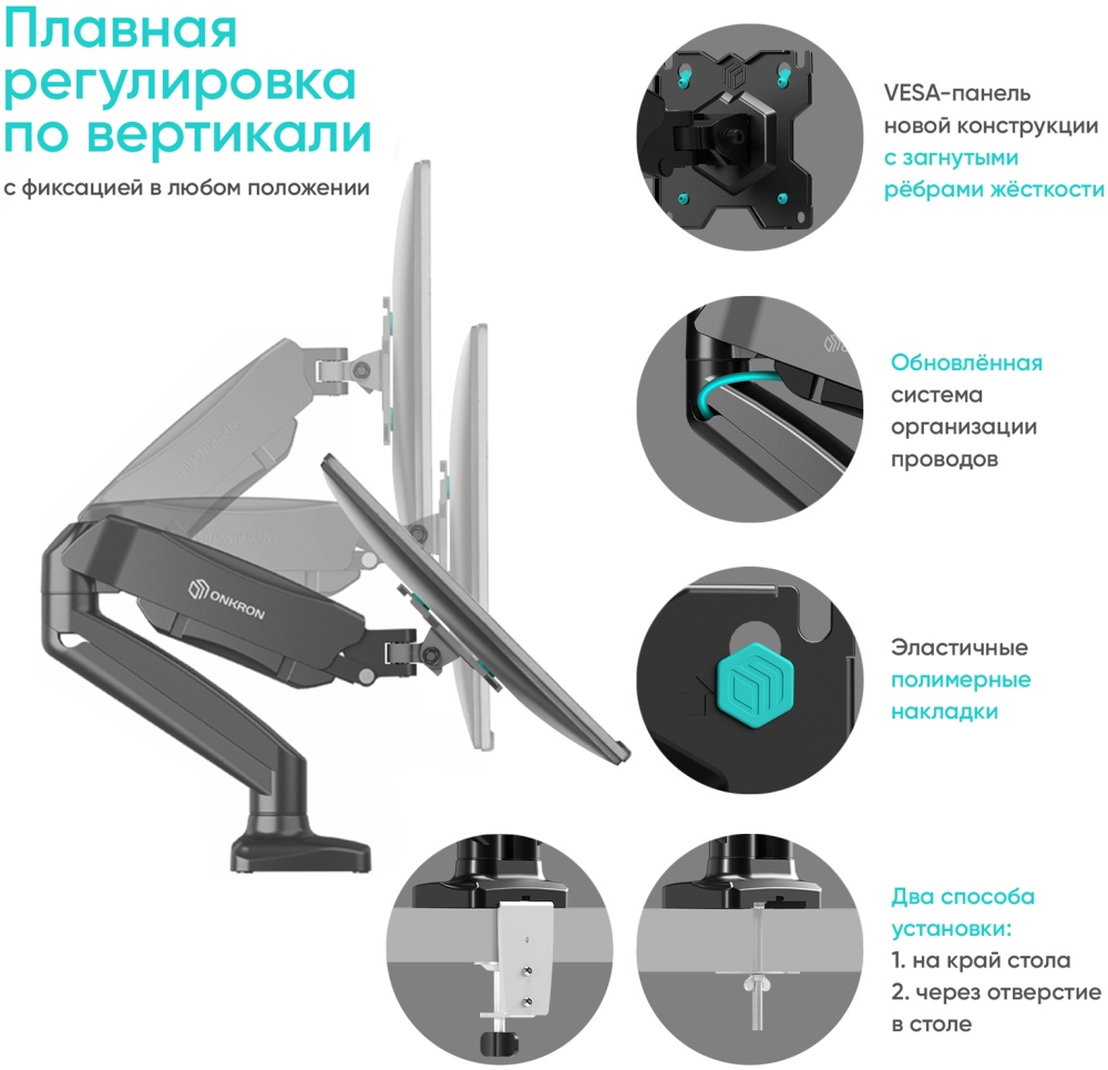 Кронштейн 13" - 32" Крепление для монитора Onkron для 2 устройств (G160 Black***); настольный; 8 кг; VESA 75 x 75 мм, 100 x 100 мм; чёрный