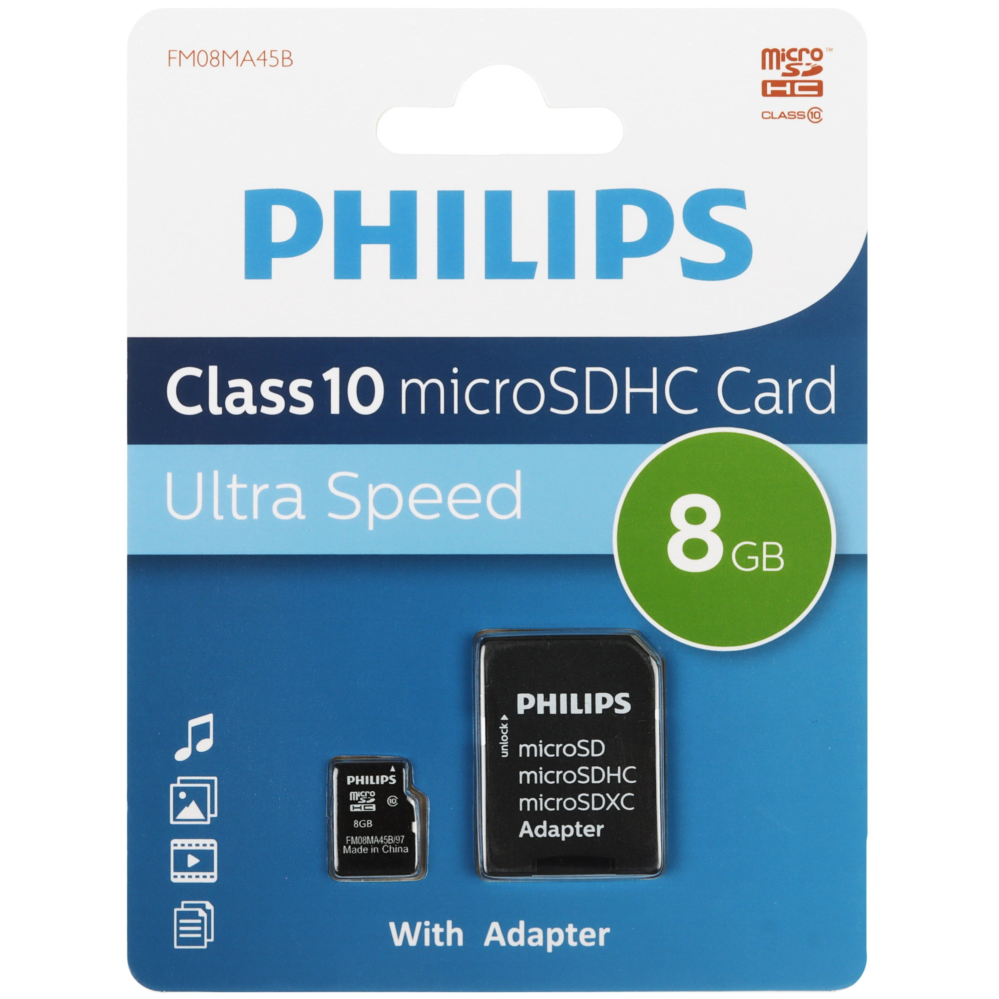 Карта памяти 8 ГБ Philips (FM08MA45B/97); micro SDHC; Class 10; адаптер SD