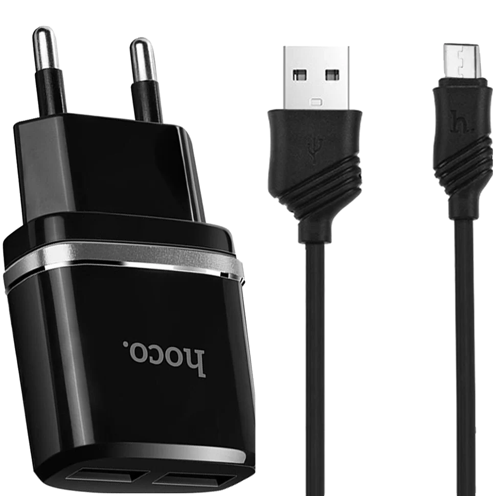 Зарядное устройство Hoco C12 Smart Black (C12 Black), 12 Вт, 2.4А, 2xUSB, 38 г, Кабель в комплекте micro USB, черный