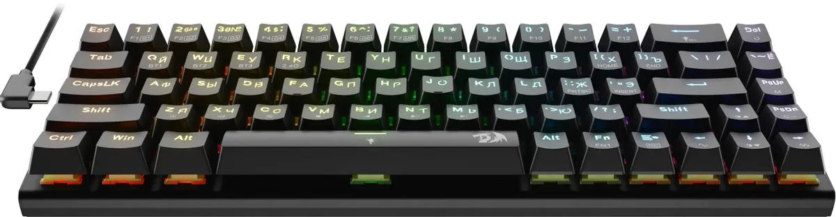 Клавиатура игровая Redragon Ryze Pro (71394); USB + (Bluetooth/2.4 Ггц); механическая; 68 клавиш; Hot Swap; подсветка RGB; отсоединяемый кабель; ENG\R