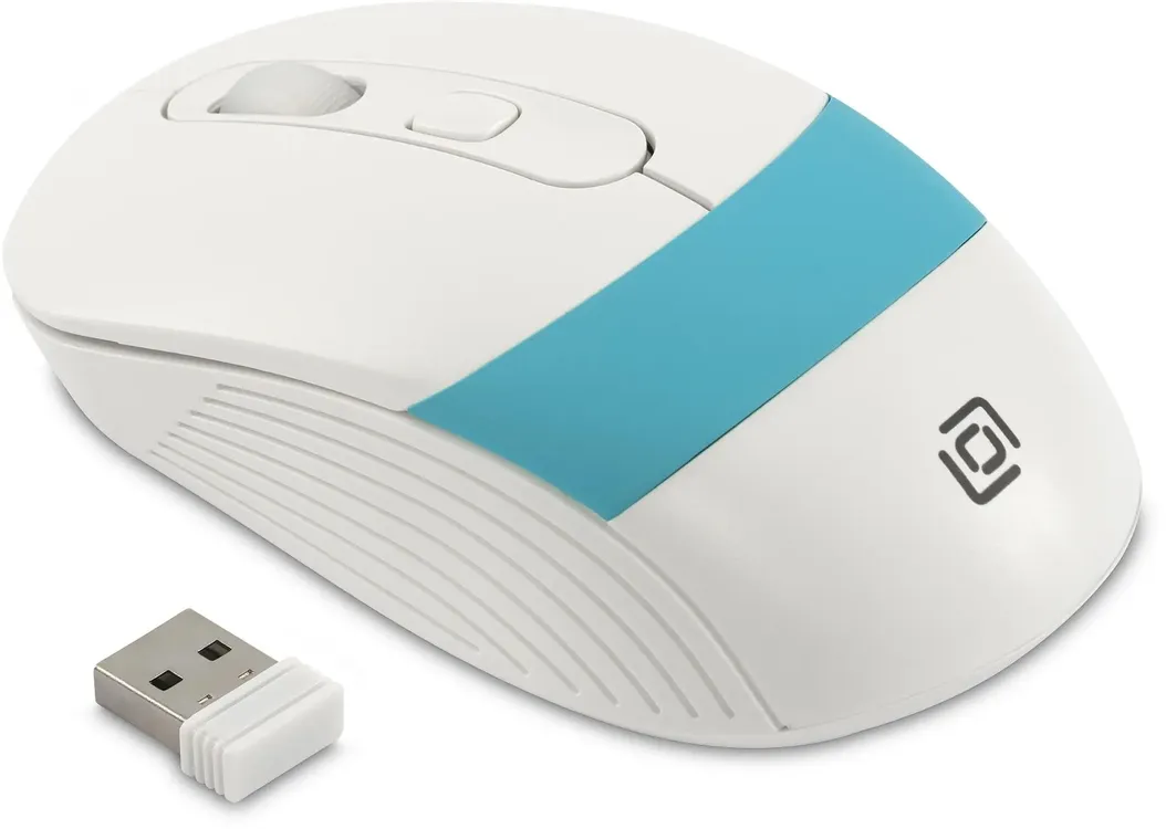Мышь беспроводная Oklick 310MW White (1869094); 2.4 ГГц; USB; оптический; 1200-3200 dpi; 4 кнопок; колесо прокрутки; 1хАА; белый+синий