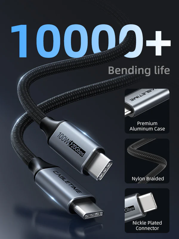 Кабель Type-C/Type-C CABLETIME CU20N; 4K 60 Гц; 100Вт; 5A; до 20 Гбит/с; 3,0 м; нейлоновая оплётка, черный