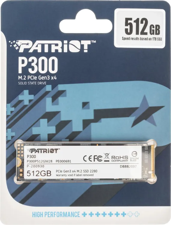 Накопитель SSD 512 ГБ Patriot P300 (P300P512GM28***); M.2 (2280); 1700Мб/с - 1200Мб/с; TLC; PCI-E 4x