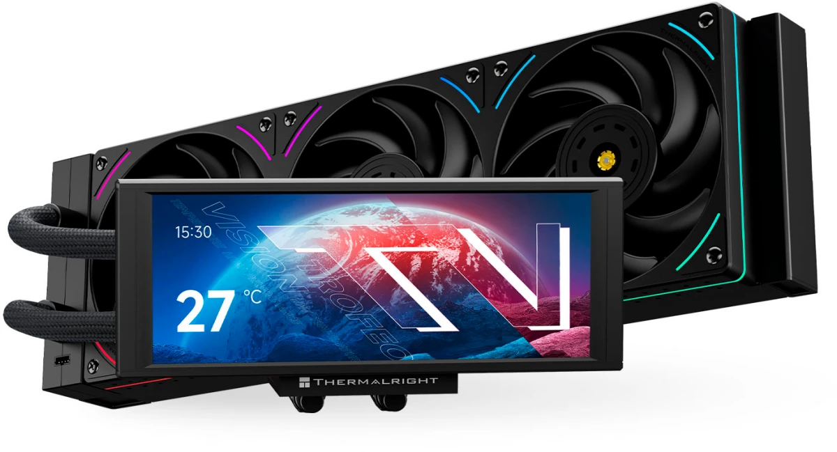 Система жидкостного охлаждения 360 мм Thermalright Trofeo Vision 360 ARGB Black (TRTV360AB); активная; 3x120 мм; 2150 об/мин; 27 дБ; 69 CFM; 2066; 201