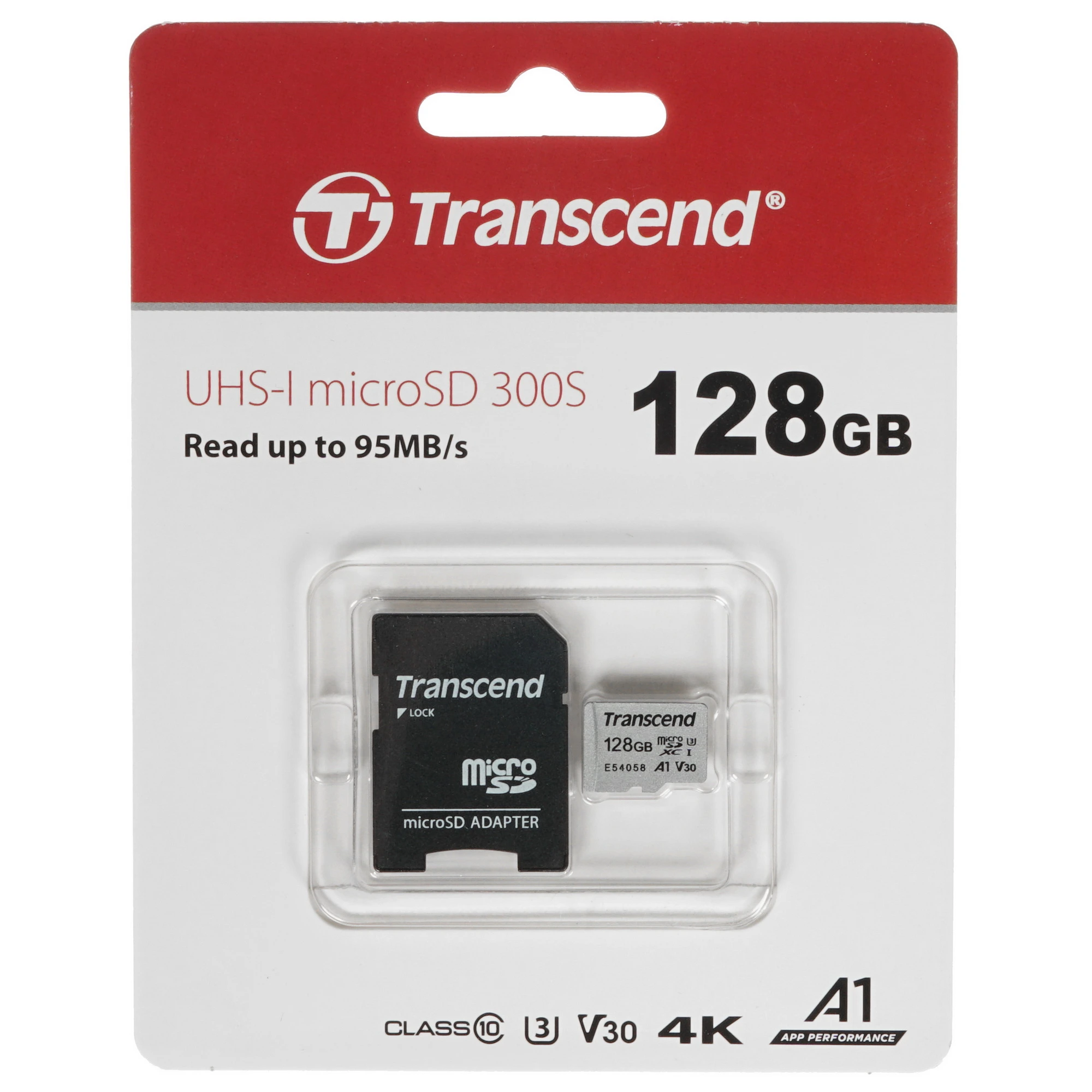 Карта памяти 128 ГБ Transcend 300S (TS128GUSD300S-A); micro SDXC UHS-I U3 V30, A1; Class 10; адаптер