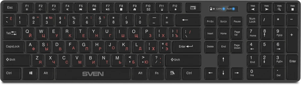 Клавиатура беспроводная Sven KB-E5300W (SV-021139); 2.4 ГГц; мембранная; 109 клавиш; 12 (+FN); 2 x AAA; ENG\RUS; черный
