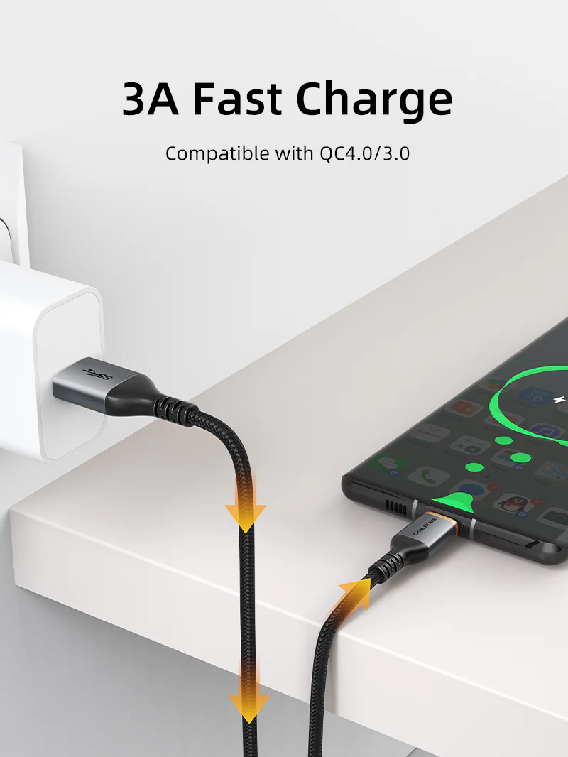 Кабель USB->Type-C CABLETIME CA40H (CT-AMCMG1-AG1), 3А, 45 Вт, 5 Гбит/с; нейлоновая оплётка, корпус разъёмов алюминиевый сплав, 1 м, черный