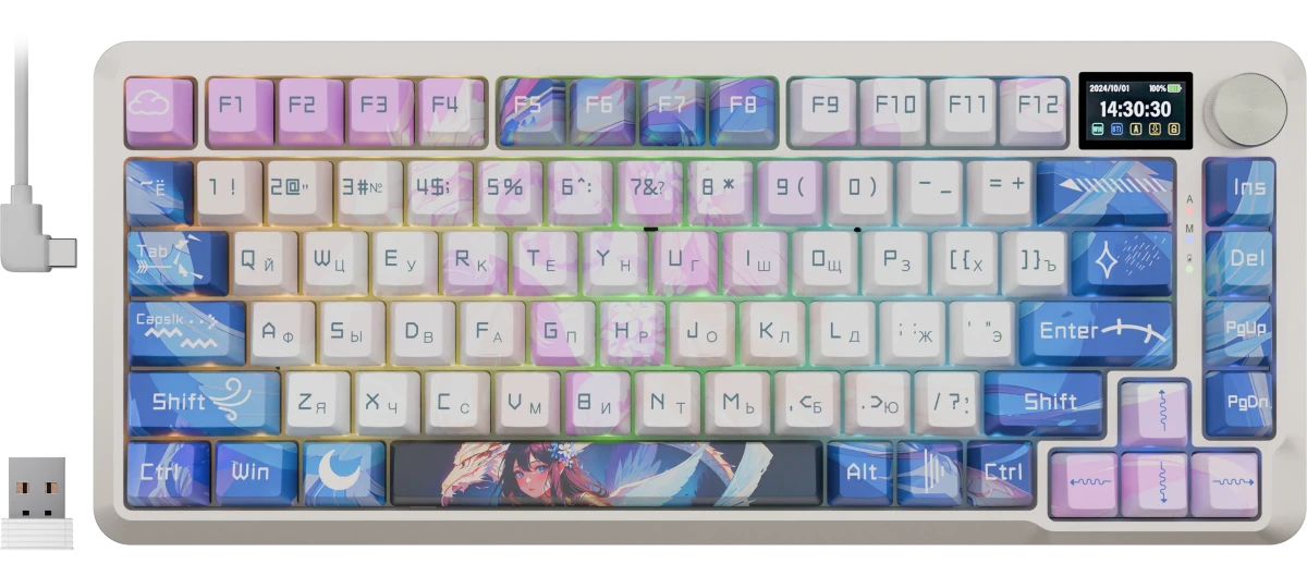 Клавиатура игровая Redragon Flekact Pro Violet Anime (72616); USB + (BT/2.4 Ггц); механическая; 81 клавиш; Hot Swap; 12 (+FN); экран; RGB подсветка; в