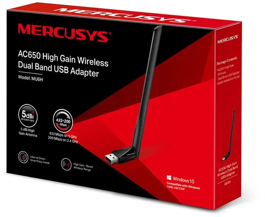 Сетевая карта WiFi Mercusys MU6H (AC650); 633 Мбит/с; 1 x 5 dBi; USB