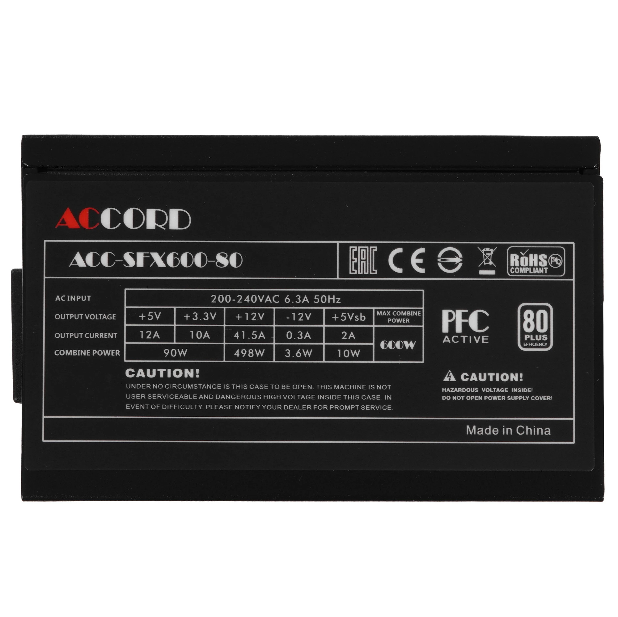 Блок питания 600 Вт Accord ACC-SFX600-80 (ACC-SFX600-80), черный, SFX, 1x24 pin, 1x4+4 pin, 1x6+2-pin, 3xSATA, 2xMolex