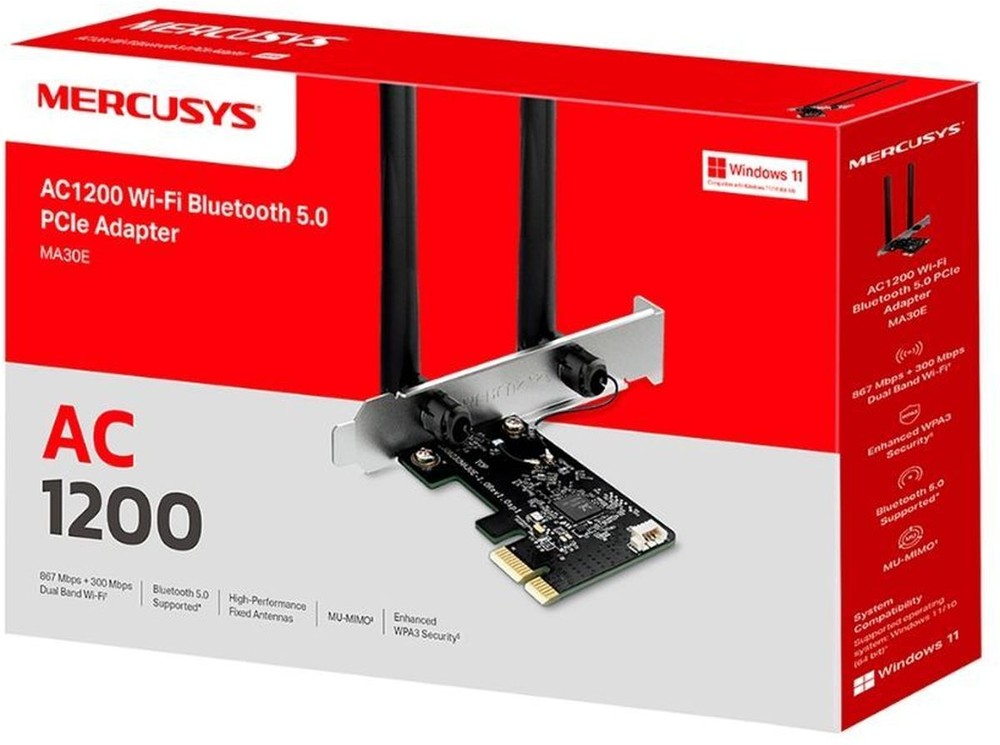 Сетевая карта WiFi Mercusys MA30E (AC1200+BT 5.0); 1200 Мбит/с (300 Мбит/с+ 867 Мбит/с); 2 ant; PCI-E 1x