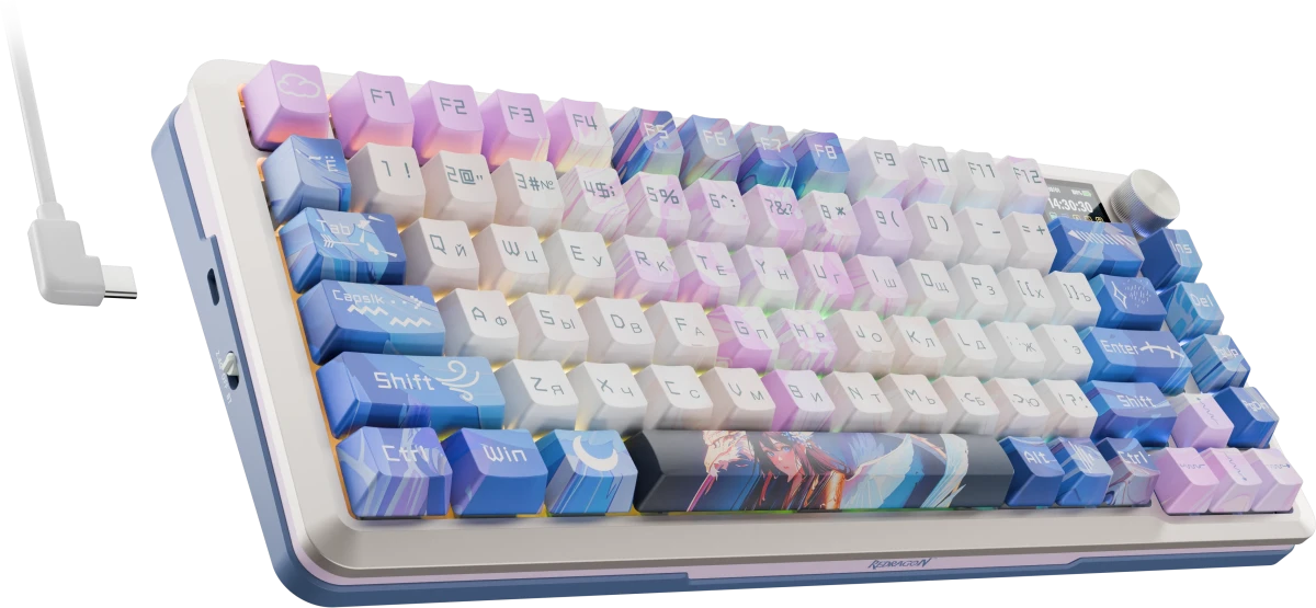 Клавиатура игровая Redragon Flekact Pro Violet Anime (72616); USB + (BT/2.4 Ггц); механическая; 81 клавиш; Hot Swap; 12 (+FN); экран; RGB подсветка; в
