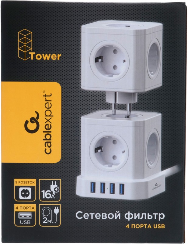 Сетевой фильтр Cablexpert (TWR-9-U4-W-2), 2,0 м, 9 евро-розеток, 4xUSB, 220 В, 16А, 4000 Вт, белый