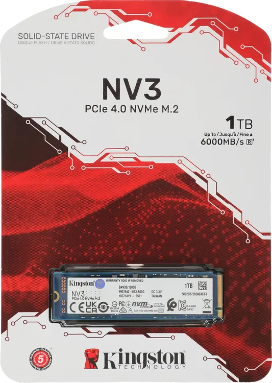 Накопитель SSD 1 ТБ Kingston NV3 (SNV3S/1000G); M.2 (2280); 6000Мб/с -  5000Mб/с; PCI-E Gen4 x4; RET