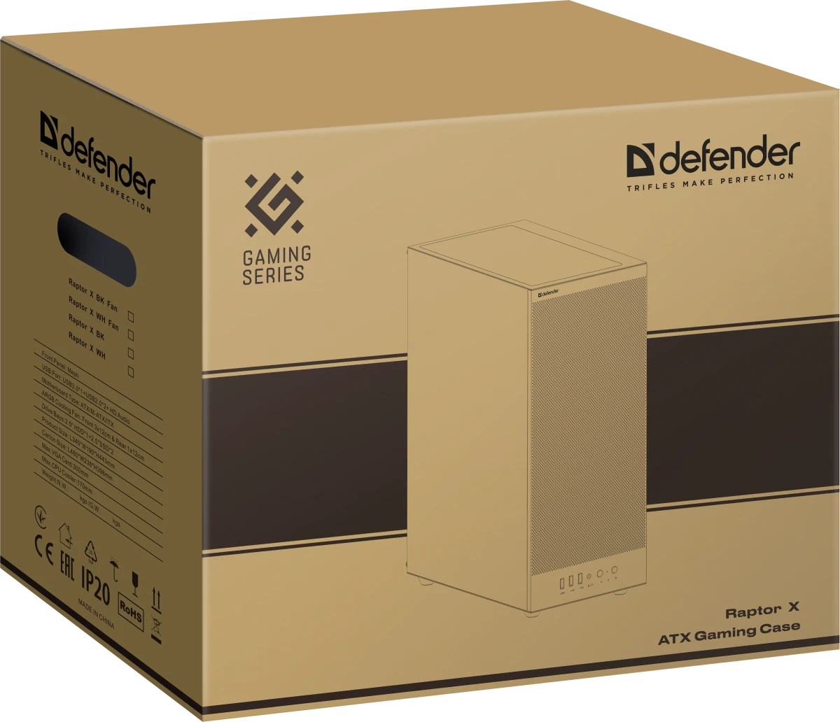 Корпус Defender RaptorX ARGB Black (25122); ATX; Mid-Tower; без БП; ARGB; 4x120 мм; 2xUSB 2.0, 1xUSB 3.X,1x jack 3.5 mm Mic/Aud; чёрный