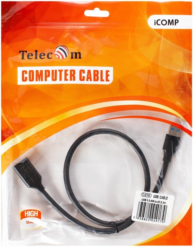 Кабель USB 3.0 AM/AF Telecom TUS708-0.5M***; 0,5 м; черный