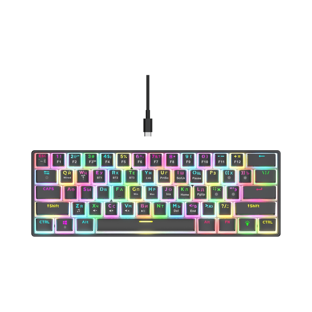 Клавиатура игровая Jet.A PANTEON T2 PRO BS Black (91); USB + (Bluetooth/2.4 Ггц); механическая; 61 клавиш; 12 (+FN); RGB; встроенный аккумулятор; черн