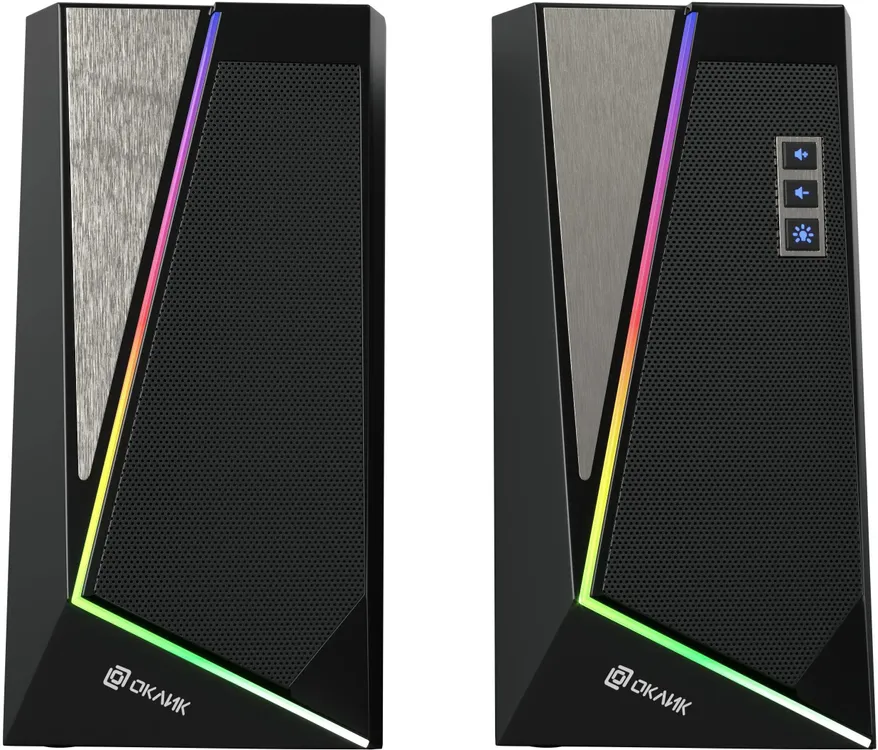 Акустическая система 2.0 Oklick OK-125*** (1458489***); 12 Вт; 130 - 20000 Гц; пластик; подсветка; регулятор на передней панели; USB; чёрный