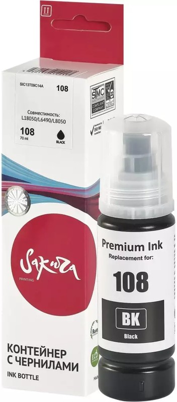 Чернила для Epson Sakura 108 Black (SIC13T09C14A); L8XXX/L18XXX; 70 мл; черный
