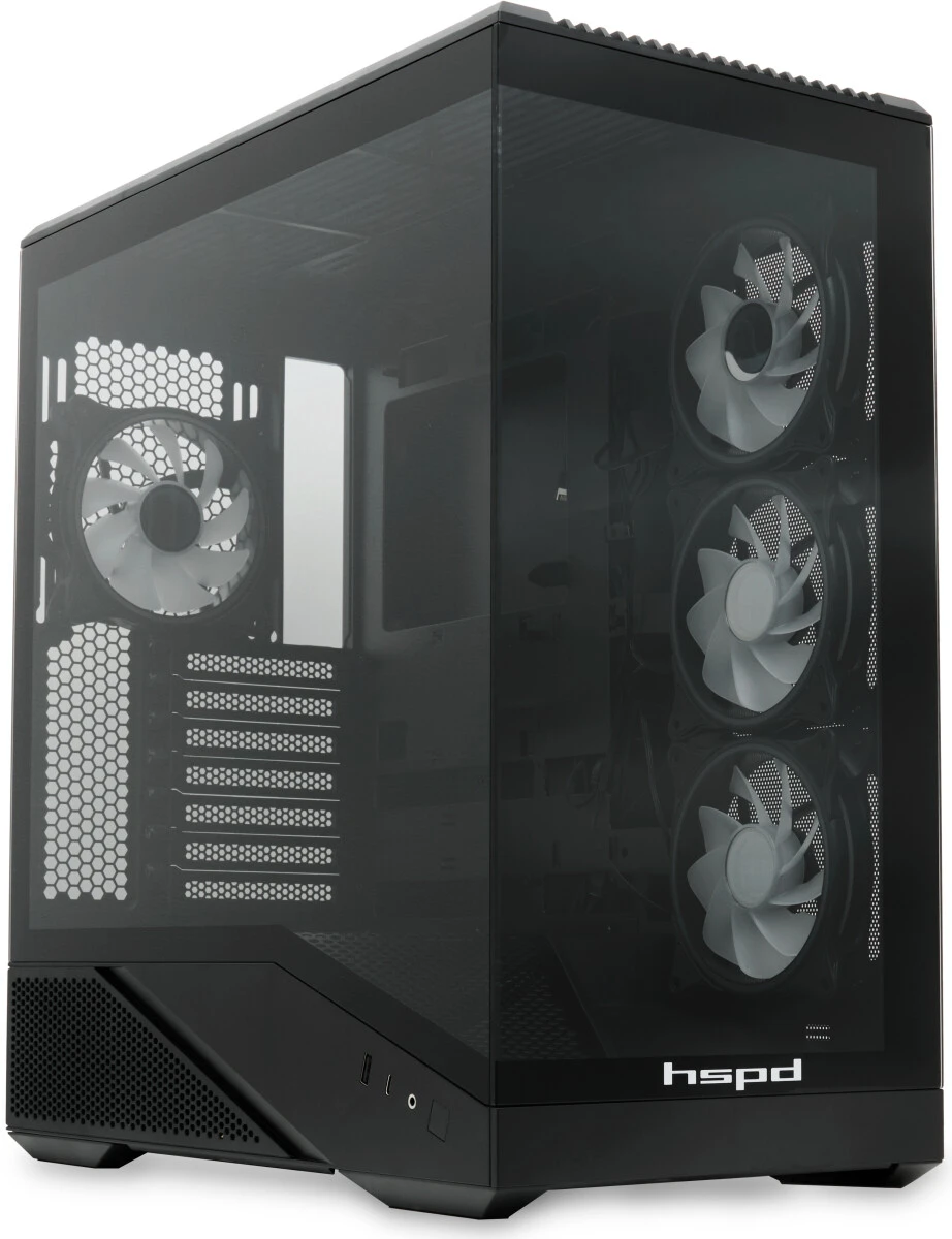 Корпус HSPD F711 Black (F711-TGBK- ARGB); ATX; Midi-Tower; без БП; 4x120 мм; 1xUSB 3.0, 1xUSB 3.X Type C, 1x jack 3.5 mm Mic/Aud; черный