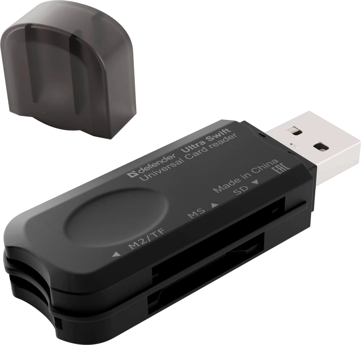 Кардридер внешний Defender Ultra Swift (83262); USB 2.0; в виде флэшки; SD/MMC; Micro SD+MS+M2; SDНС; пластик; серый
